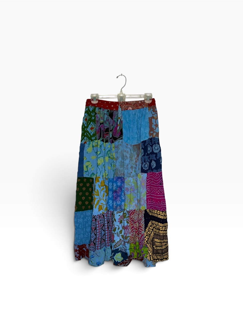 Boho Blue Multicolor Patchwork Maxi Skirt Flowy Fairy Free Size